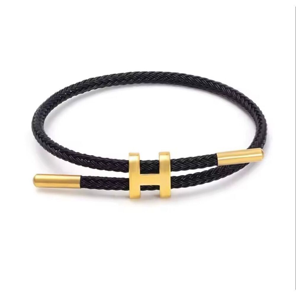 Minimalist Black Cord Bracelet Gold Tone H Charm Adjustable Luxury Style